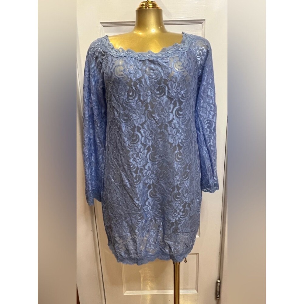 Vintage Daphne Grey Blue Floral Lace Bell Sleeve Mini Dress Lingerie Made in USA
